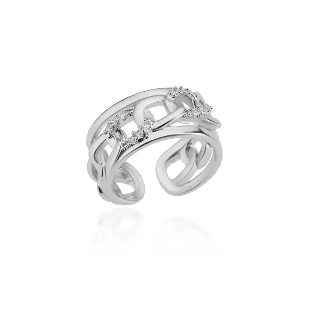 Zircon Double Layer Open Rings For Women Gold Color Adjustable Stainless Steel Ring Wedding Aesthetic Jewelry Gift Bijoux Femme