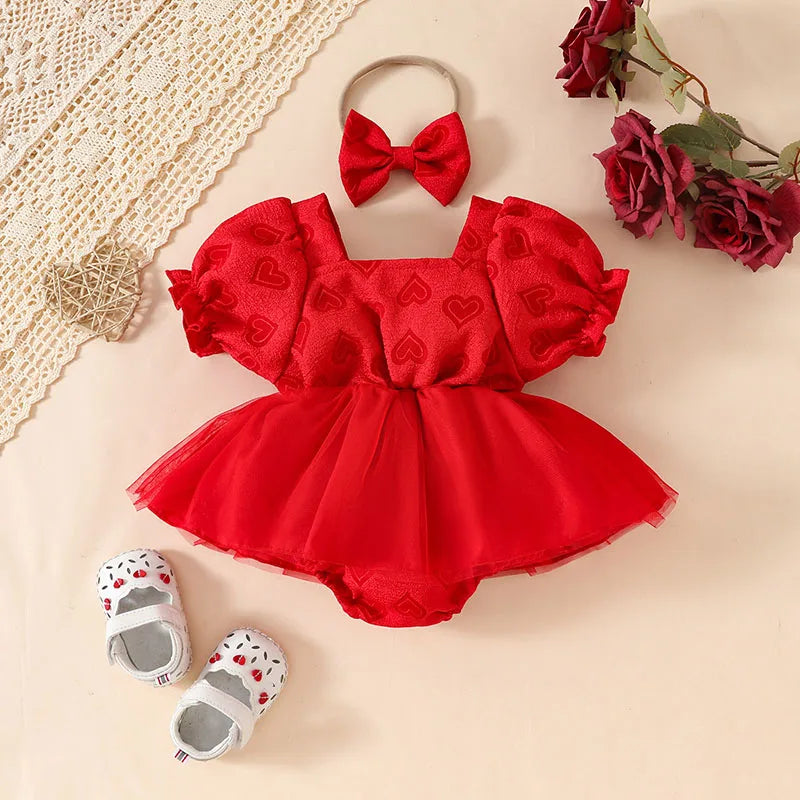 Saint-Valentin bébé cœur body mignon nouveau-né jupe en tulle bouffante manches courtes tout-petit une pièce vêtements d’été pour bébé