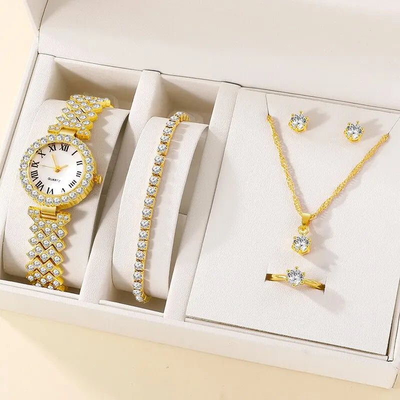 6pcs Ensemble de montres Ensemble de luxe Strass Femmes Mode Élégant Montre-bracelet Quartz Montre Pour Fille Dames Horloge Montre Femme