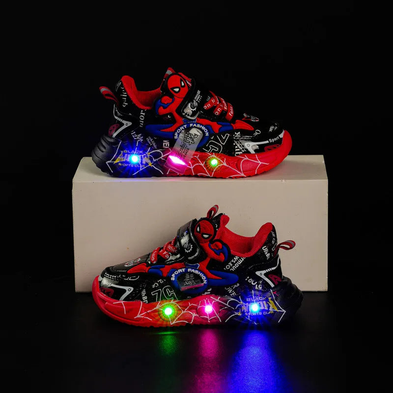 Disney LED Casual Sneakers Rouge Noir Pour Le Printemps Garçons Spiderman Chaussures d’Extérieur Enfants Éclairé Chaussures Antidérapantes Taille 21-30