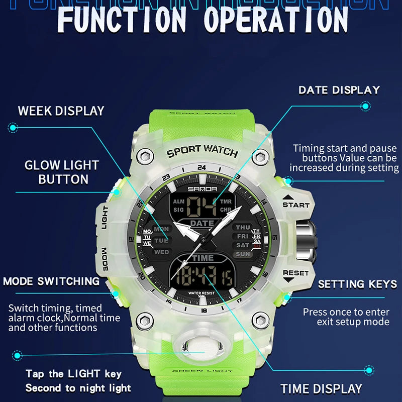 SANDA Luxury G Style Montre électronique pour hommes Sports de plein air LED Analogique Numérique Chronographe Militaire Double Affichage 50M Étanche