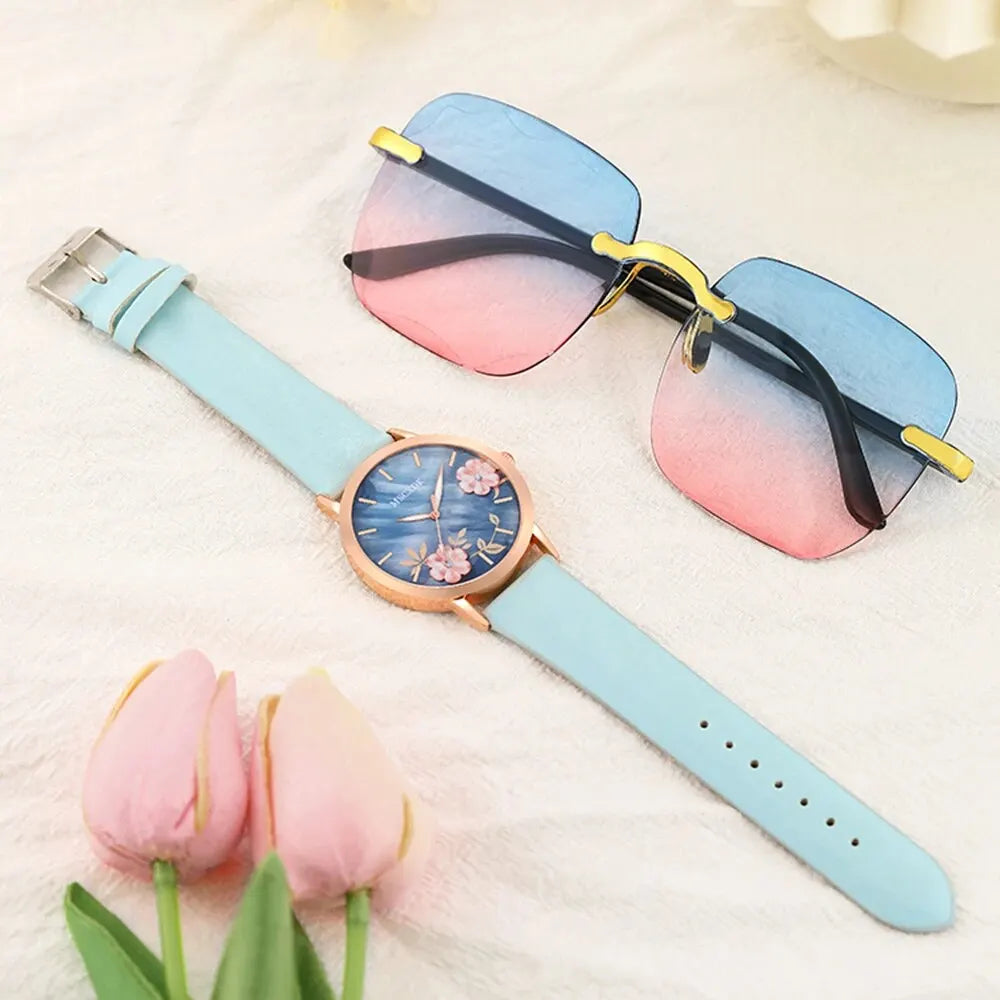 Montre de mode pour femmes Bracelet décontracté Montres Lunettes Ensemble dames Cadran simple Quartz