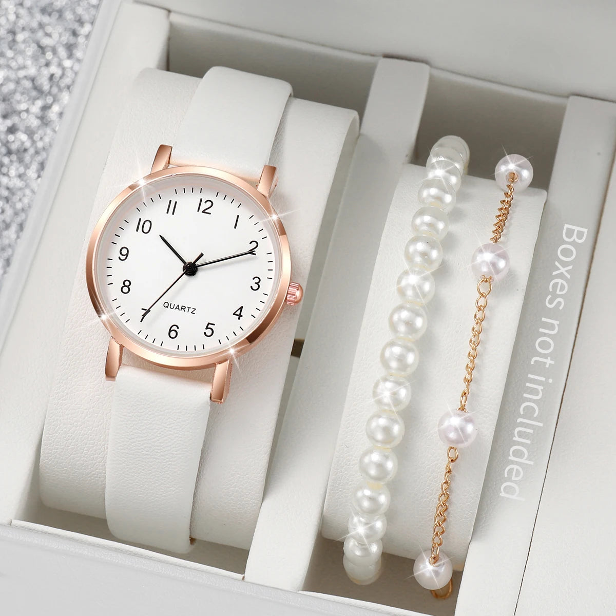 3pcs/set Montre à quartz à bracelet en cuir pour femmes à la mode et ensemble de bracelets en perles