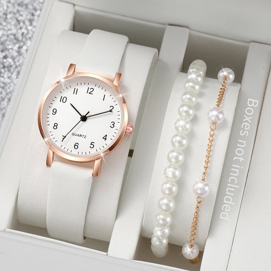 3pcs/set Montre à quartz à bracelet en cuir pour femmes à la mode et ensemble de bracelets en perles