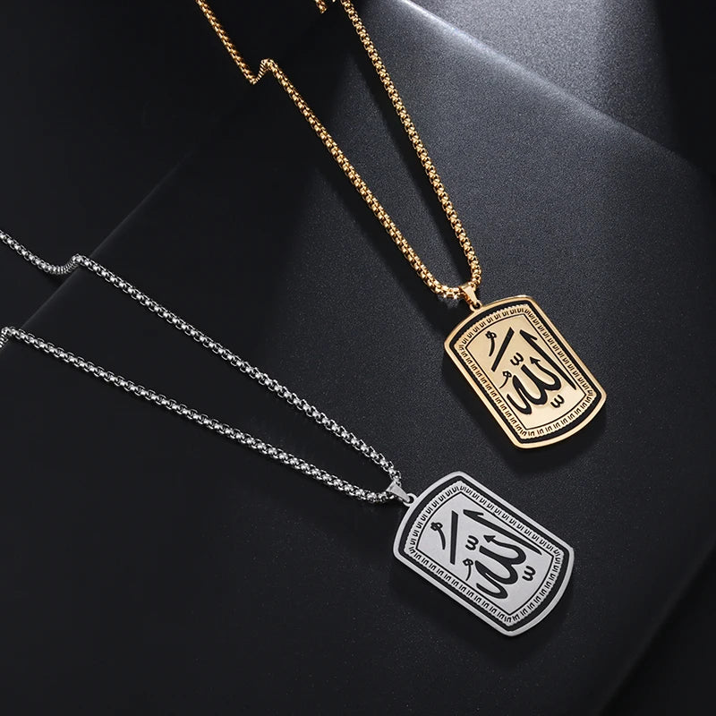 Collier islamique en acier inoxydable pour hommes Mode exquise Allah Tag Pendentif rectangulaire Collier Amulette Cadeau musulman
