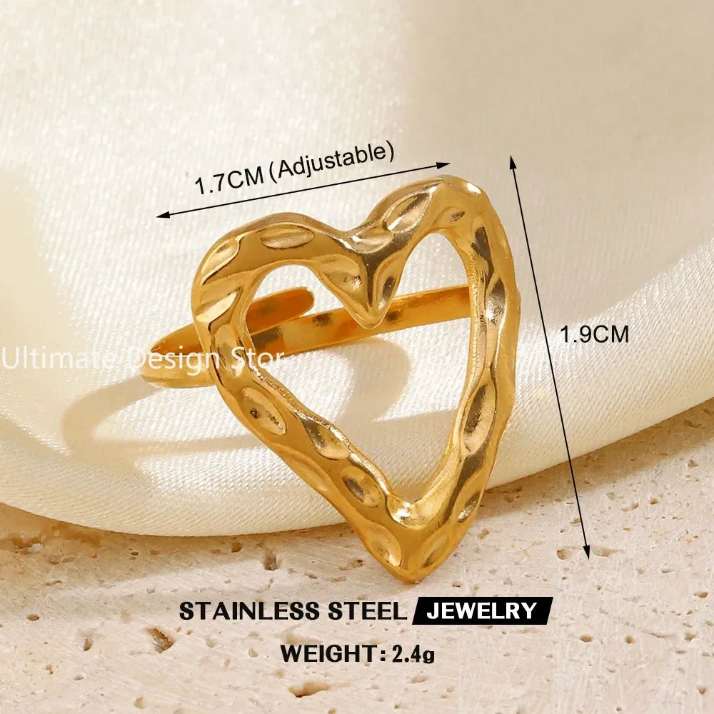 Bague cœur en acier inoxydable de couleur or Bague creuse en métal pour femmes Bijoux étanches Cadeau de petite amie Bijoux Femme Anillos