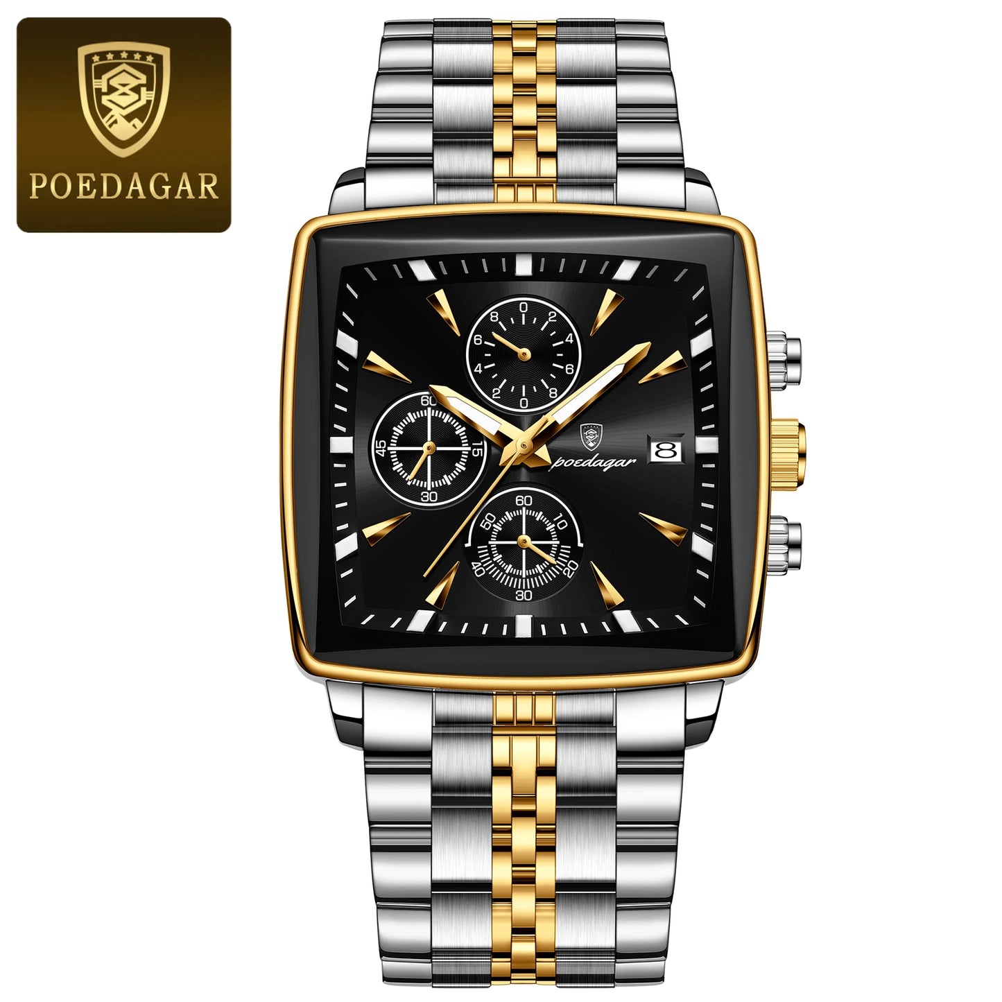 POEDAGAR Business Men Clock Waterproof Luminous Calendar Chronograph Square Man Watch Stainless Steel Quartz Men’s Watches Reloj