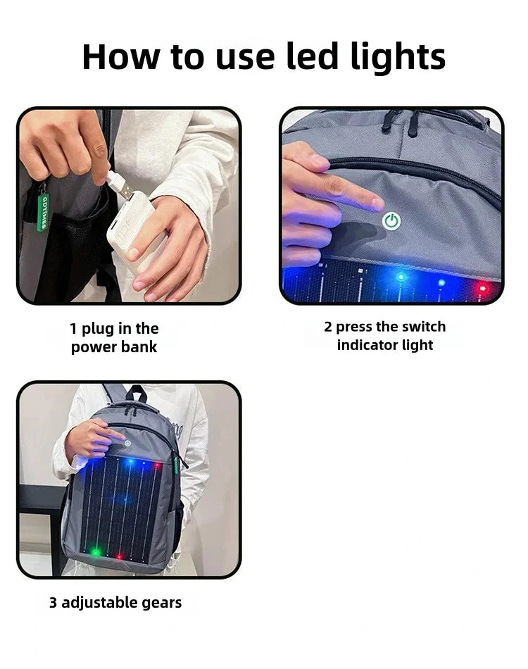 Durable, imperméable, élégant, à la mode, LED, Designer, sac à dos à énergie solaire Sac A Dos avec port USB