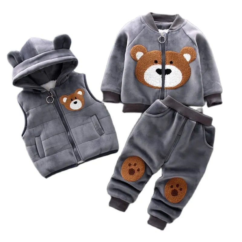 Automne Hiver Bébé Garçons Fille Vêtements Ensembles Épais Polaire Dessin Animé Ours Veste Gilet Pantalon 3Pcs Coton Sport Costume Tenues Chaudes
