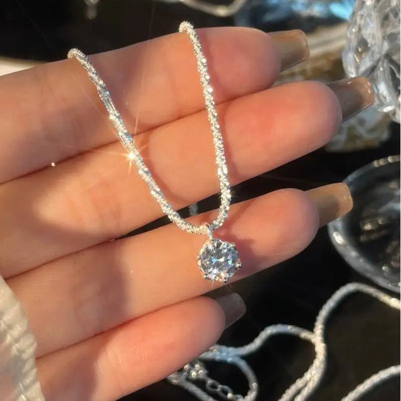 Populaire S925 Sterling Silver Sparkling Necklace for Women Light Luxury Round White Diamond Pendant Galaxy Collar Chain Jewelry
