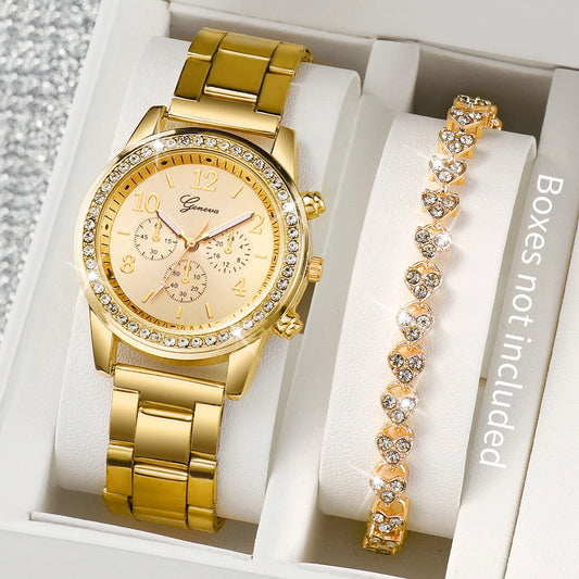 Montre à quartz de couleur or en acier inoxydable pour femmes et bracelet en diamant