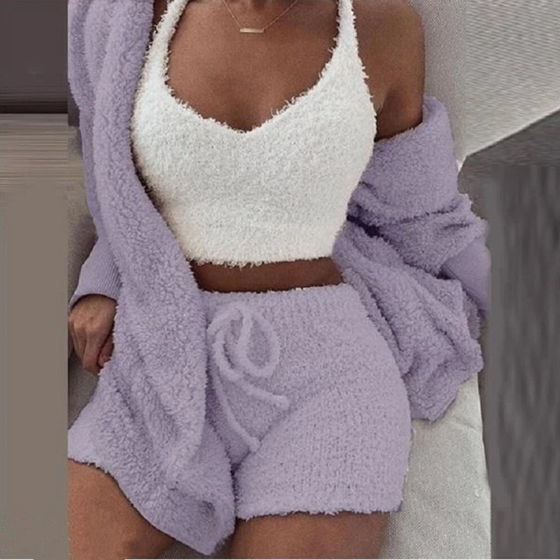 Ensemble de pyjamas moelleux pour femmes Vêtements de nuit décontractés Débardeur et shorts Grande taille Sweat à capuche Loisirs Homsuit Hiver 3 Pièces Pijamas