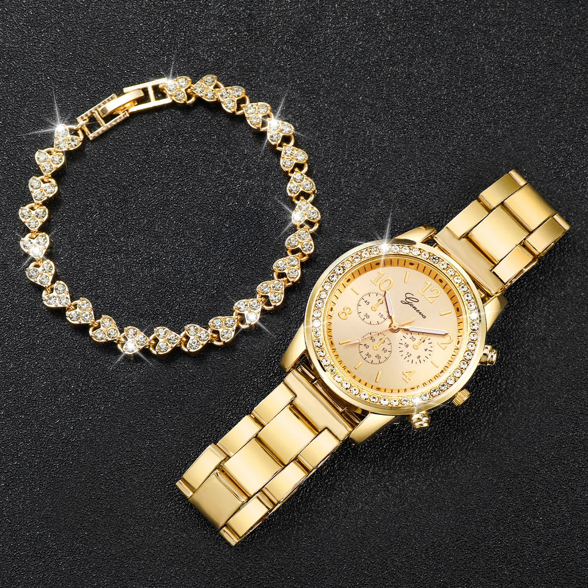 Montre à quartz de couleur or en acier inoxydable pour femmes et bracelet en diamant