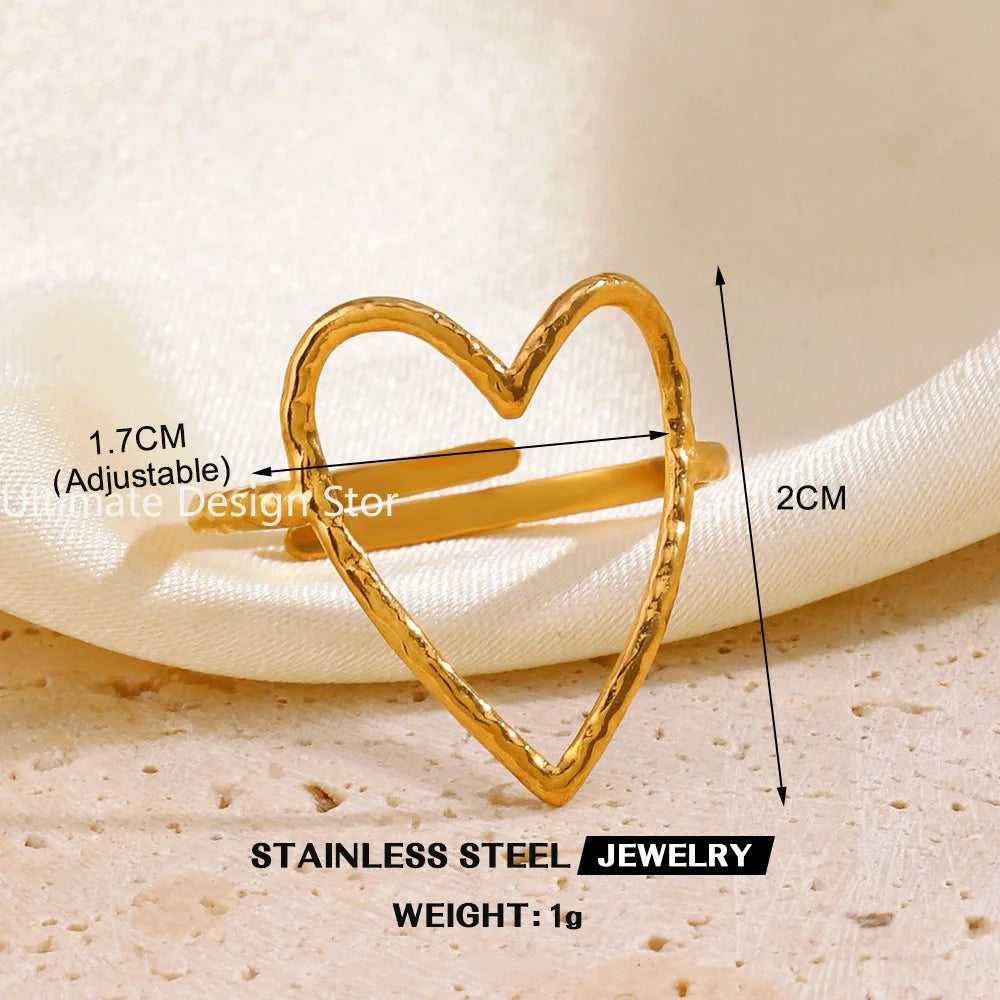 Bague cœur en acier inoxydable de couleur or Bague creuse en métal pour femmes Bijoux étanches Cadeau de petite amie Bijoux Femme Anillos