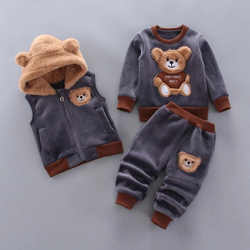 Automne Hiver Bébé Garçons Fille Vêtements Ensembles Épais Polaire Dessin Animé Ours Veste Gilet Pantalon 3Pcs Coton Sport Costume Tenues Chaudes
