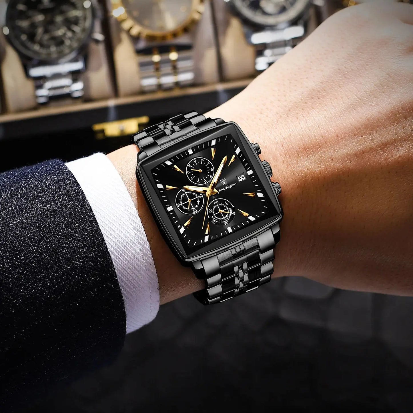 POEDAGAR Business Men Clock Waterproof Luminous Calendar Chronograph Square Man Watch Stainless Steel Quartz Men’s Watches Reloj