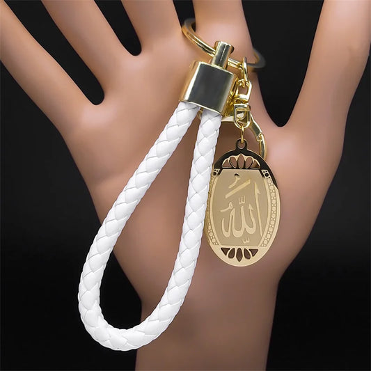 Islamique Arab Allah Pendentif en acier inoxydable Porte-clés pour femmes Hommes Couleur or PU Cuir Musulman Arabe Porte-clés Bijoux Llaveros