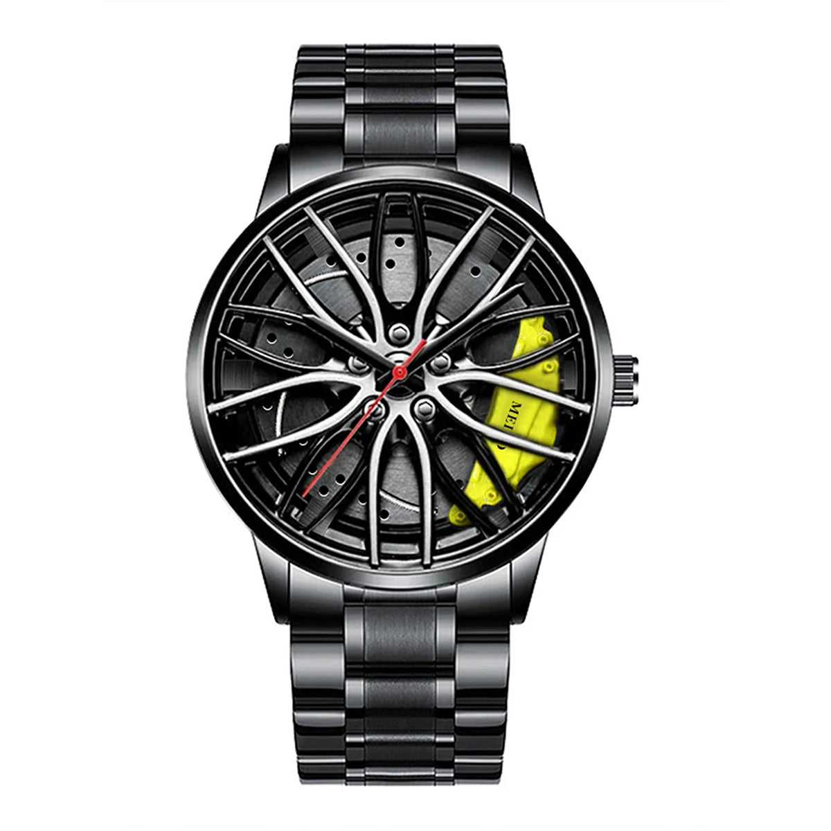 Montres de sport pour hommes de mode Roue de voiture 3d Bande de voiture en acier inoxydable Montre-bracelet Montre à quartz