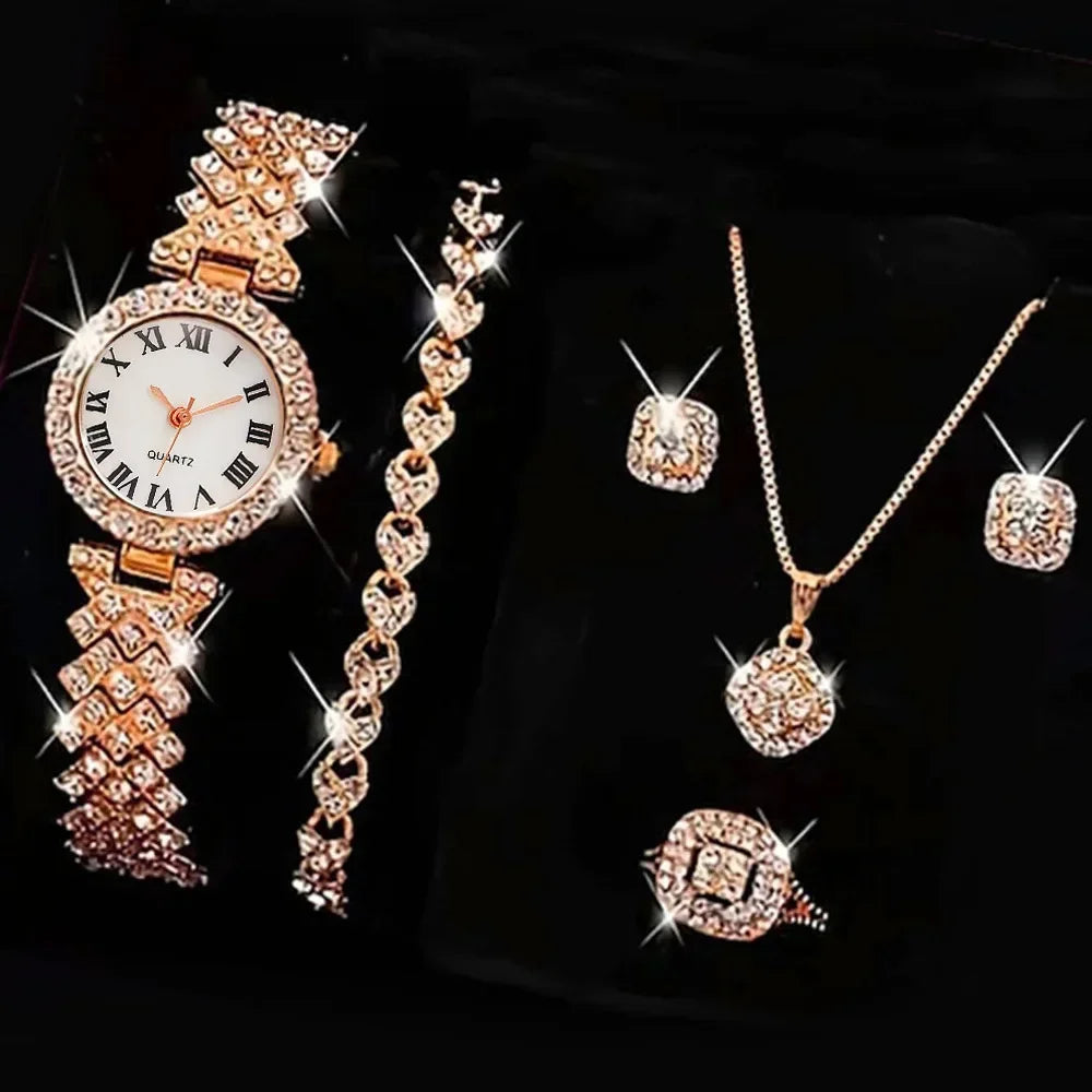 6pcs Ensemble de montres Ensemble de luxe Strass Femmes Mode Élégant Montre-bracelet Quartz Montre Pour Fille Dames Horloge Montre Femme