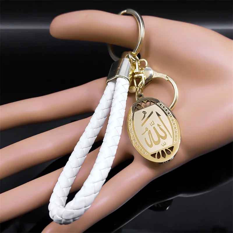 Islamique Arab Allah Pendentif en acier inoxydable Porte-clés pour femmes Hommes Couleur or PU Cuir Musulman Arabe Porte-clés Bijoux Llaveros