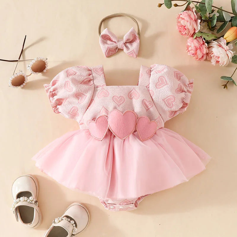 Saint-Valentin bébé cœur body mignon nouveau-né jupe en tulle bouffante manches courtes tout-petit une pièce vêtements d’été pour bébé