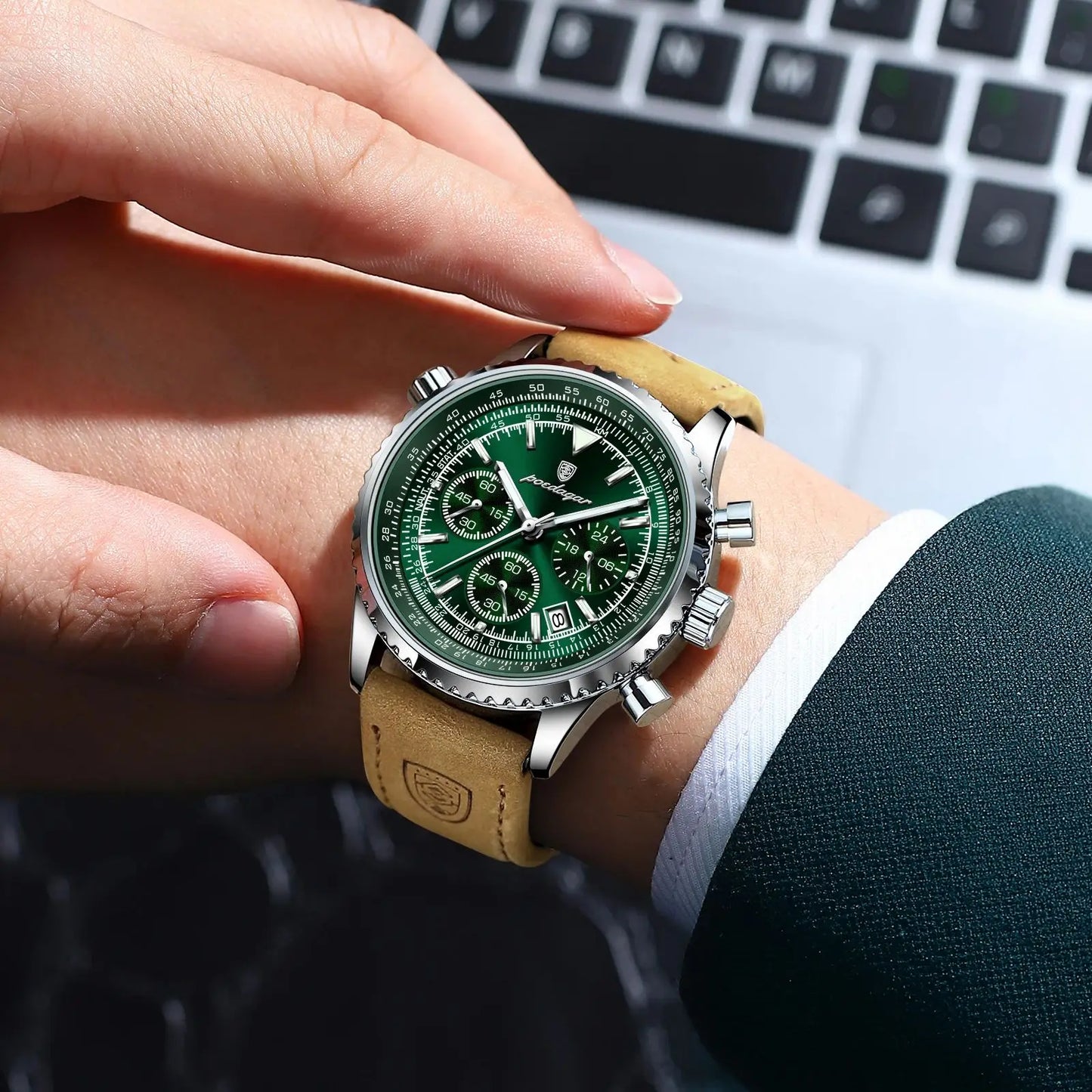POEDAGAR Montre de luxe pour homme Quartz Étanche Lumineux Date Chronographe Cuir Hommes Montre-Bracelet Militaire Sports Hommes Montres Reloj