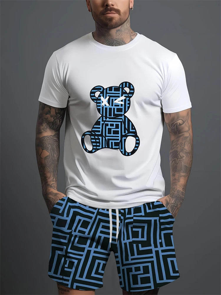Été Quotidien Casual Hommes à manches courtes Sports de plein air Pantalon de plage pour hommes Mode Bear Print T-shirt et short pour hommes 2pcs Set