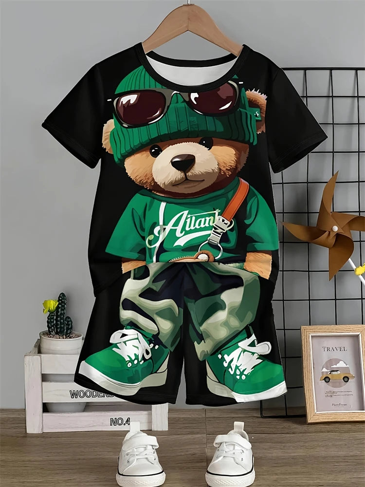 Été Quotidien Casual Hommes à manches courtes Sports de plein air Pantalon de plage pour hommes Mode Bear Print T-shirt et short pour hommes 2pcs Set