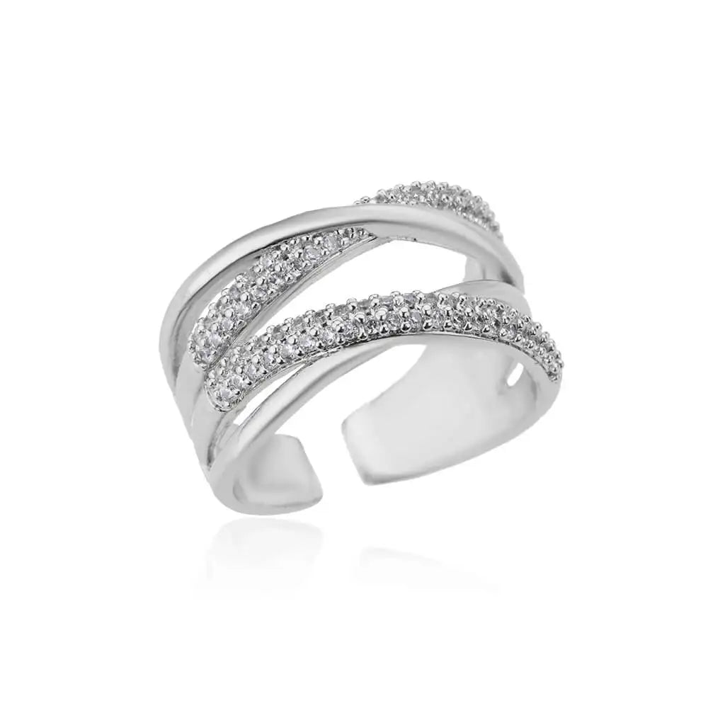 Zircon Double Layer Open Rings For Women Gold Color Adjustable Stainless Steel Ring Wedding Aesthetic Jewelry Gift Bijoux Femme