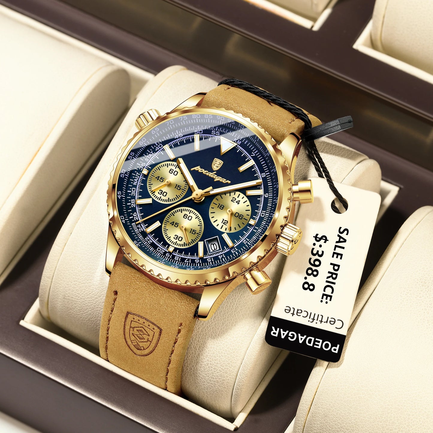POEDAGAR Montre de luxe pour homme Quartz Étanche Lumineux Date Chronographe Cuir Hommes Montre-Bracelet Militaire Sports Hommes Montres Reloj