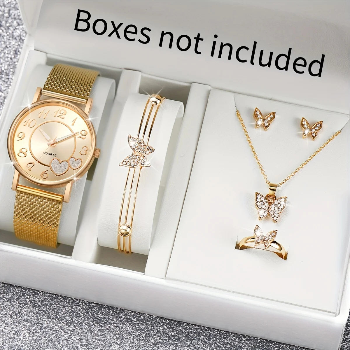 6PCS/coffret pour femme une montre une bague une paire de boucles d’oreilles un bracelet et une chaîne avec un pendentif