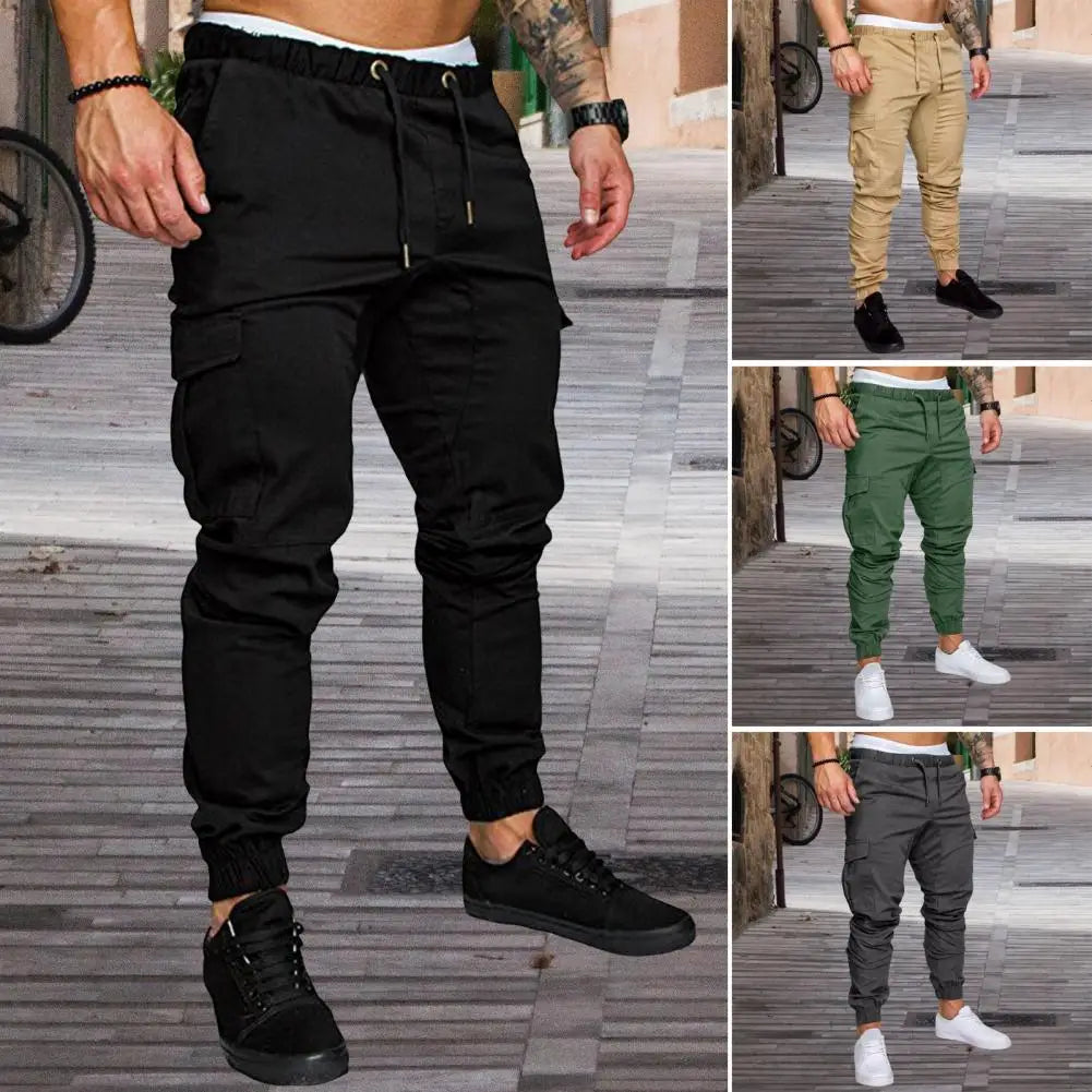 Pantalon en coton pour hommes Pantalon cargo à bande de cheville pour hommes avec cordon de serrage à la taille Poches multiples pour l’entraînement en salle de sport en plein air pour le confort