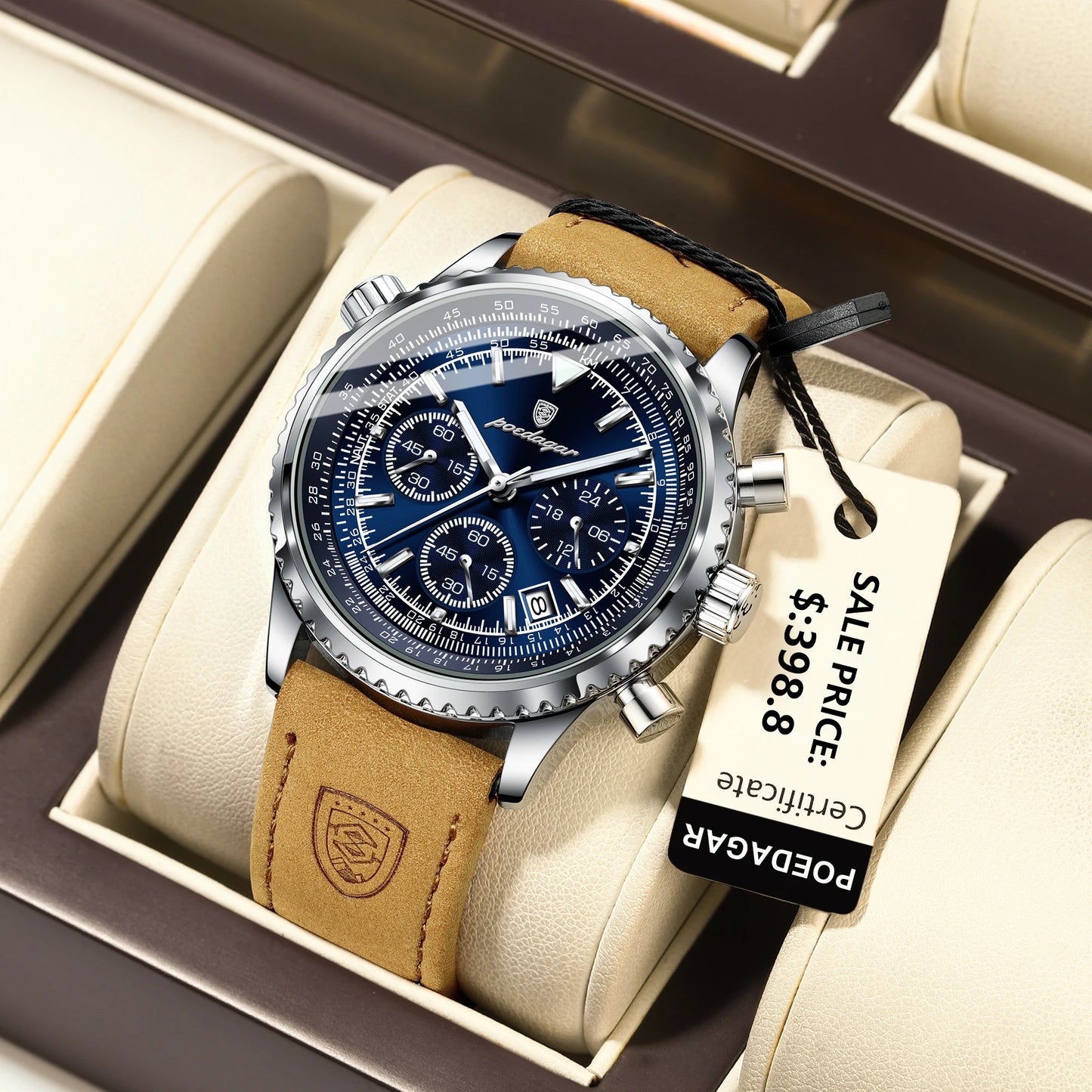 POEDAGAR Montre de luxe pour homme Quartz Étanche Lumineux Date Chronographe Cuir Hommes Montre-Bracelet Militaire Sports Hommes Montres Reloj