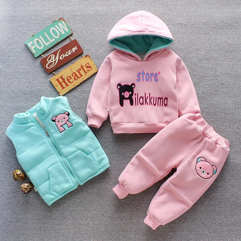 Automne Hiver Bébé Garçons Fille Vêtements Ensembles Épais Polaire Dessin Animé Ours Veste Gilet Pantalon 3Pcs Coton Sport Costume Tenues Chaudes