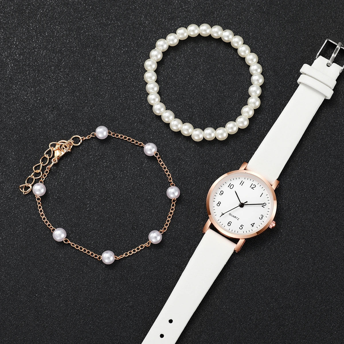 3pcs/set Montre à quartz à bracelet en cuir pour femmes à la mode et ensemble de bracelets en perles