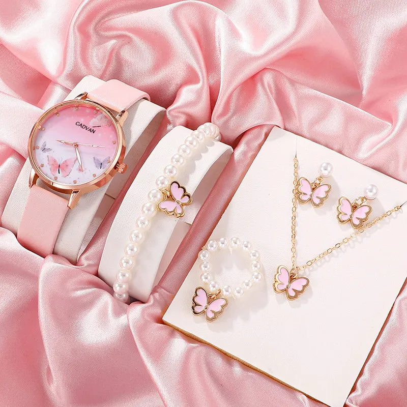 6PCS Set Femmes Mode Quartz Montre Femme Horloge Rose Papillon Cadran Luxe Marque Design Dames Cuir Montre-Bracelet Montre Femme