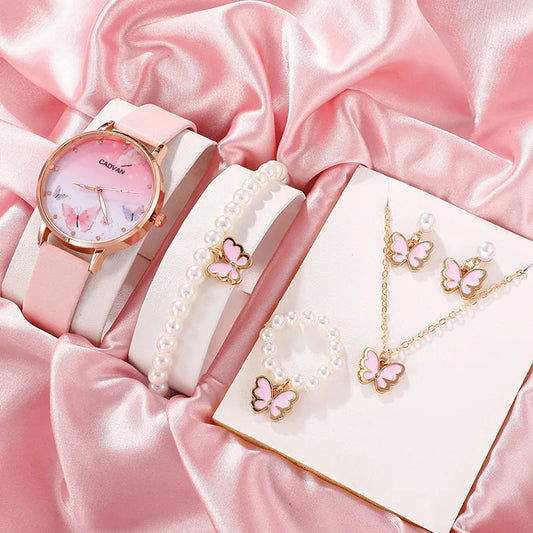 6PCS Set Femmes Mode Quartz Montre Femme Horloge Rose Papillon Cadran Luxe Marque Design Dames Cuir Montre-Bracelet Montre Femme