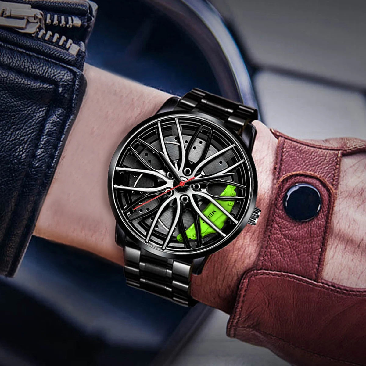 Montres de sport pour hommes de mode Roue de voiture 3d Bande de voiture en acier inoxydable Montre-bracelet Montre à quartz