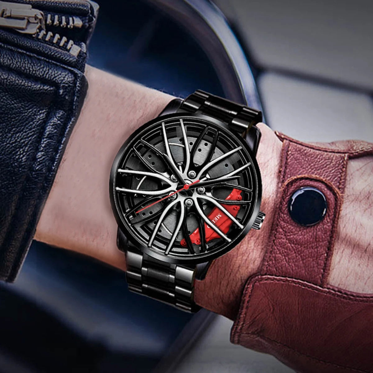 Montres de sport pour hommes de mode Roue de voiture 3d Bande de voiture en acier inoxydable Montre-bracelet Montre à quartz