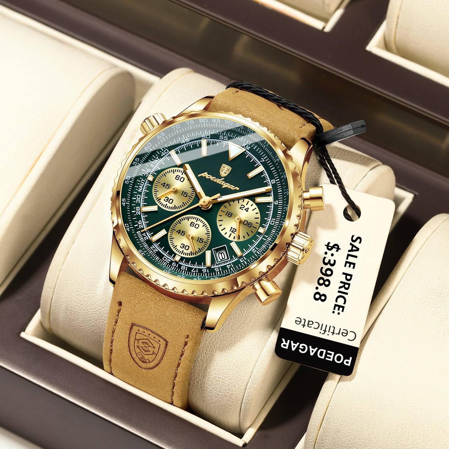 POEDAGAR Montre de luxe pour homme Quartz Étanche Lumineux Date Chronographe Cuir Hommes Montre-Bracelet Militaire Sports Hommes Montres Reloj