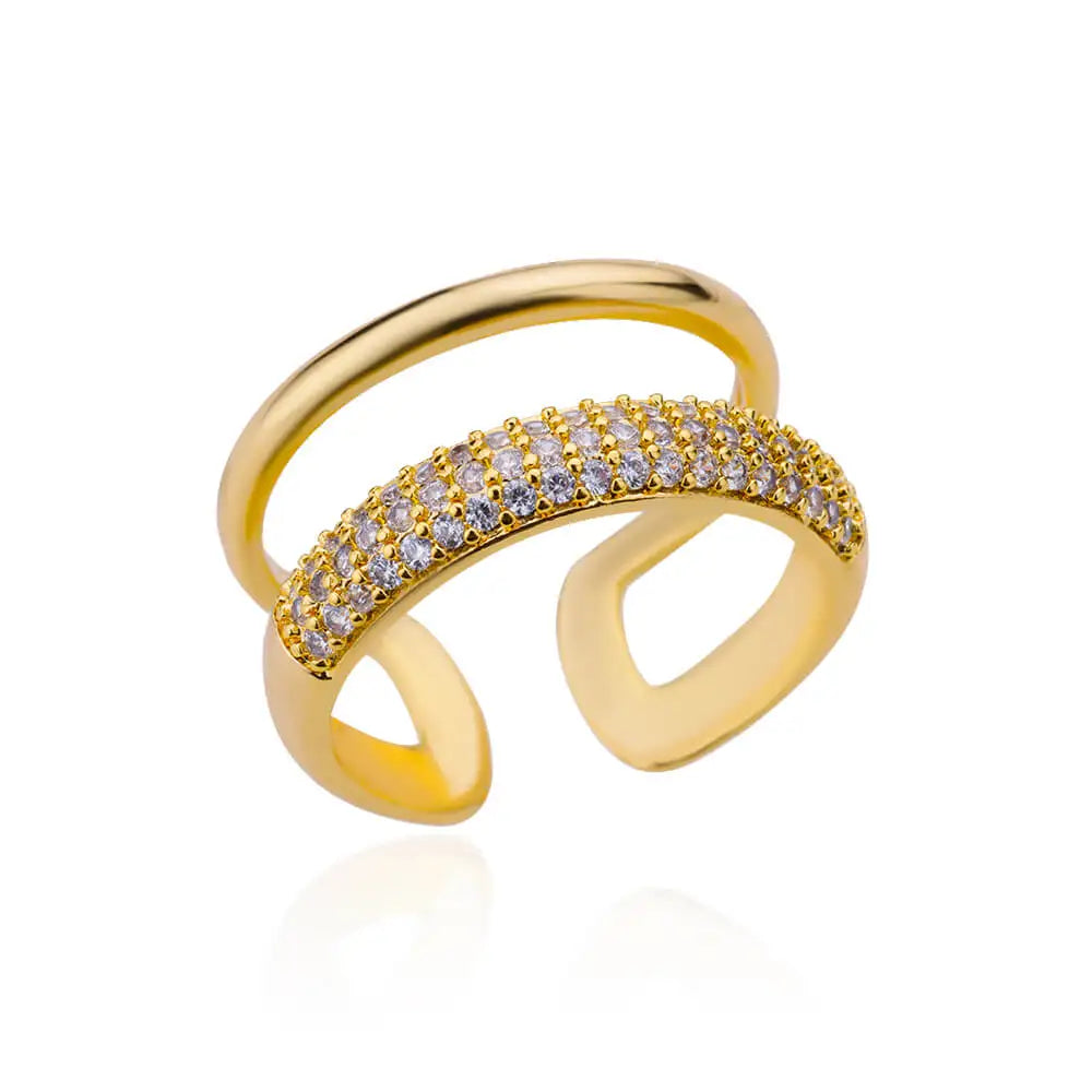 Zircon Double Layer Open Rings For Women Gold Color Adjustable Stainless Steel Ring Wedding Aesthetic Jewelry Gift Bijoux Femme
