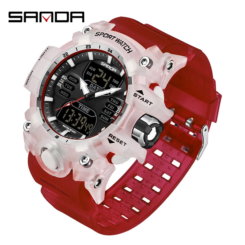 SANDA Luxury G Style Montre électronique pour hommes Sports de plein air LED Analogique Numérique Chronographe Militaire Double Affichage 50M Étanche