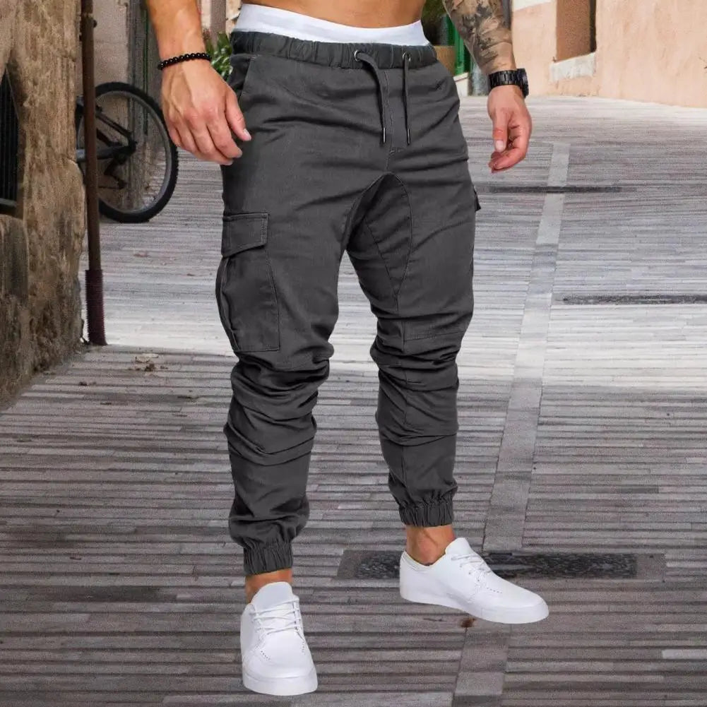 Pantalon en coton pour hommes Pantalon cargo à bande de cheville pour hommes avec cordon de serrage à la taille Poches multiples pour l’entraînement en salle de sport en plein air pour le confort