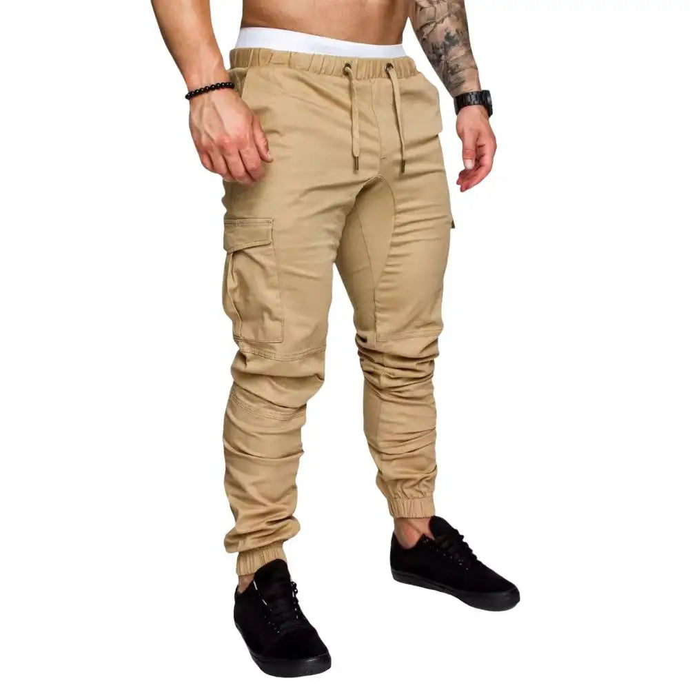 Pantalon en coton pour hommes Pantalon cargo à bande de cheville pour hommes avec cordon de serrage à la taille Poches multiples pour l’entraînement en salle de sport en plein air pour le confort