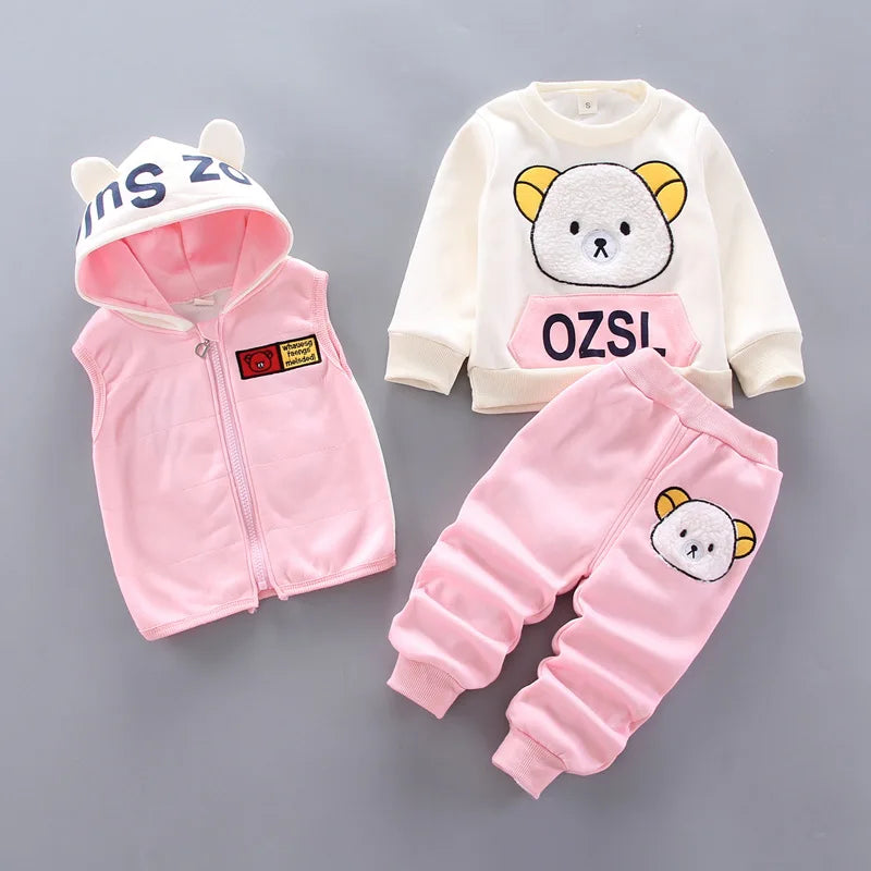 Automne Hiver Bébé Garçons Fille Vêtements Ensembles Épais Polaire Dessin Animé Ours Veste Gilet Pantalon 3Pcs Coton Sport Costume Tenues Chaudes