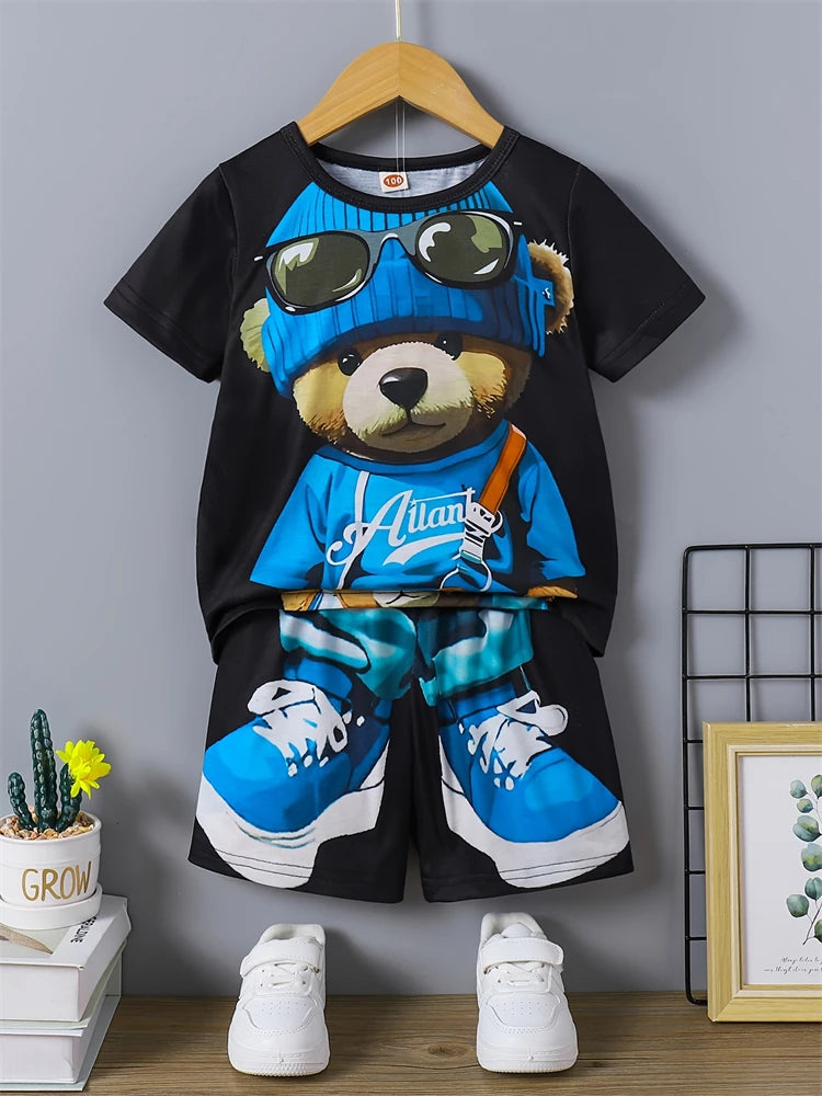 Été Quotidien Casual Hommes à manches courtes Sports de plein air Pantalon de plage pour hommes Mode Bear Print T-shirt et short pour hommes 2pcs Set