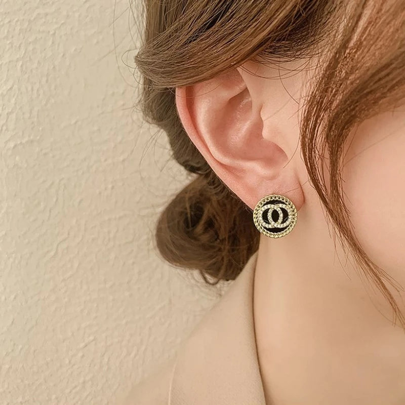 Boucle d'oreille en cristal émail noir à double cercles ronds pour femmes Style coréen Doux Bijoux simples Brincos Vente en gros Cadeau de fille