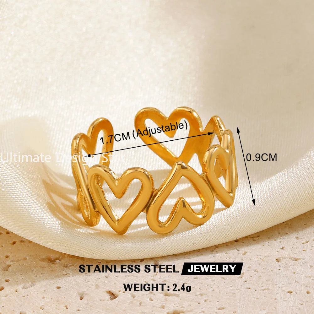 Bague cœur en acier inoxydable de couleur or Bague creuse en métal pour femmes Bijoux étanches Cadeau de petite amie Bijoux Femme Anillos