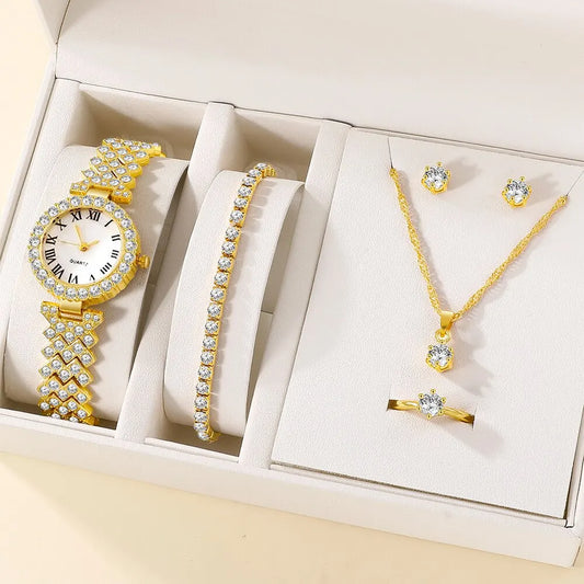 6pcs Ensemble de montres Ensemble de luxe Strass Femmes Mode Élégant Montre-bracelet Quartz Montre Pour Fille Dames Horloge Montre Femme