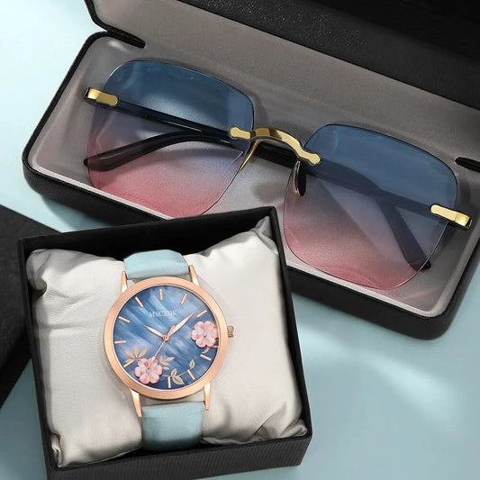 Montre de mode pour femmes Bracelet décontracté Montres Lunettes Ensemble dames Cadran simple Quartz